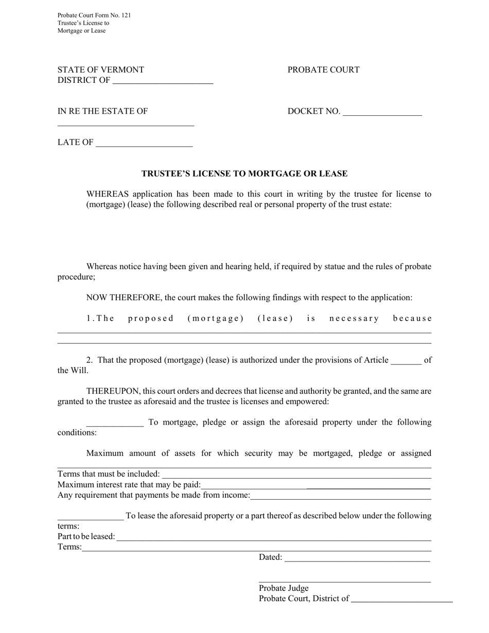 Form PC121 Trustees License to Mortgage or Lease - Vermont, Page 1