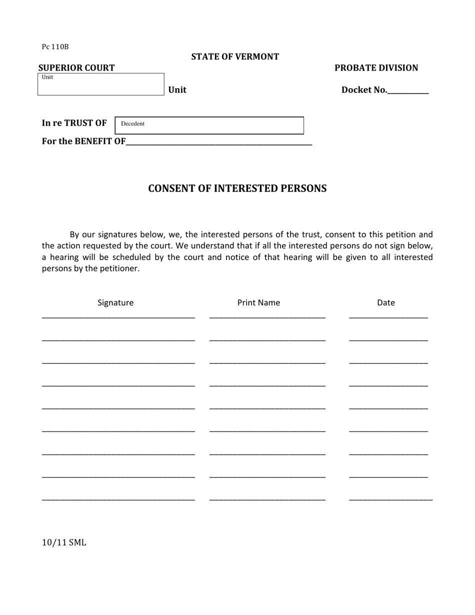Form PC110B Consent of Interested Persons - Vermont, Page 1