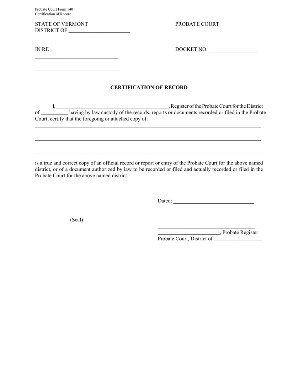 Form PC140 Certification of Record - Vermont, Page 1