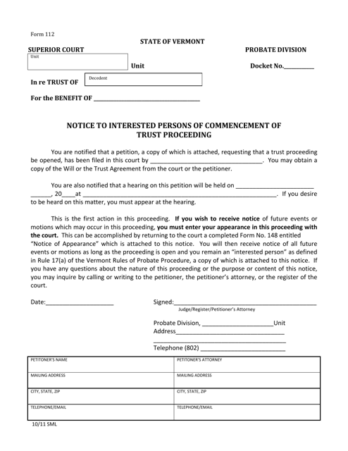 Form 112 Notice to Interested Persons of Commencement of Trust Proceeding - Vermont