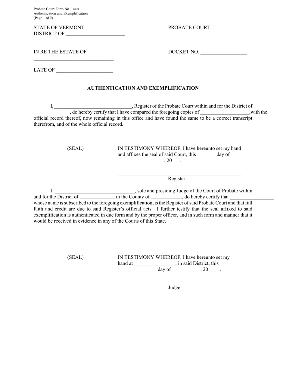 Form PC144A Authentication and Exemplification - Vermont, Page 1
