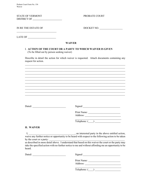 Form PC156 Waiver - Vermont