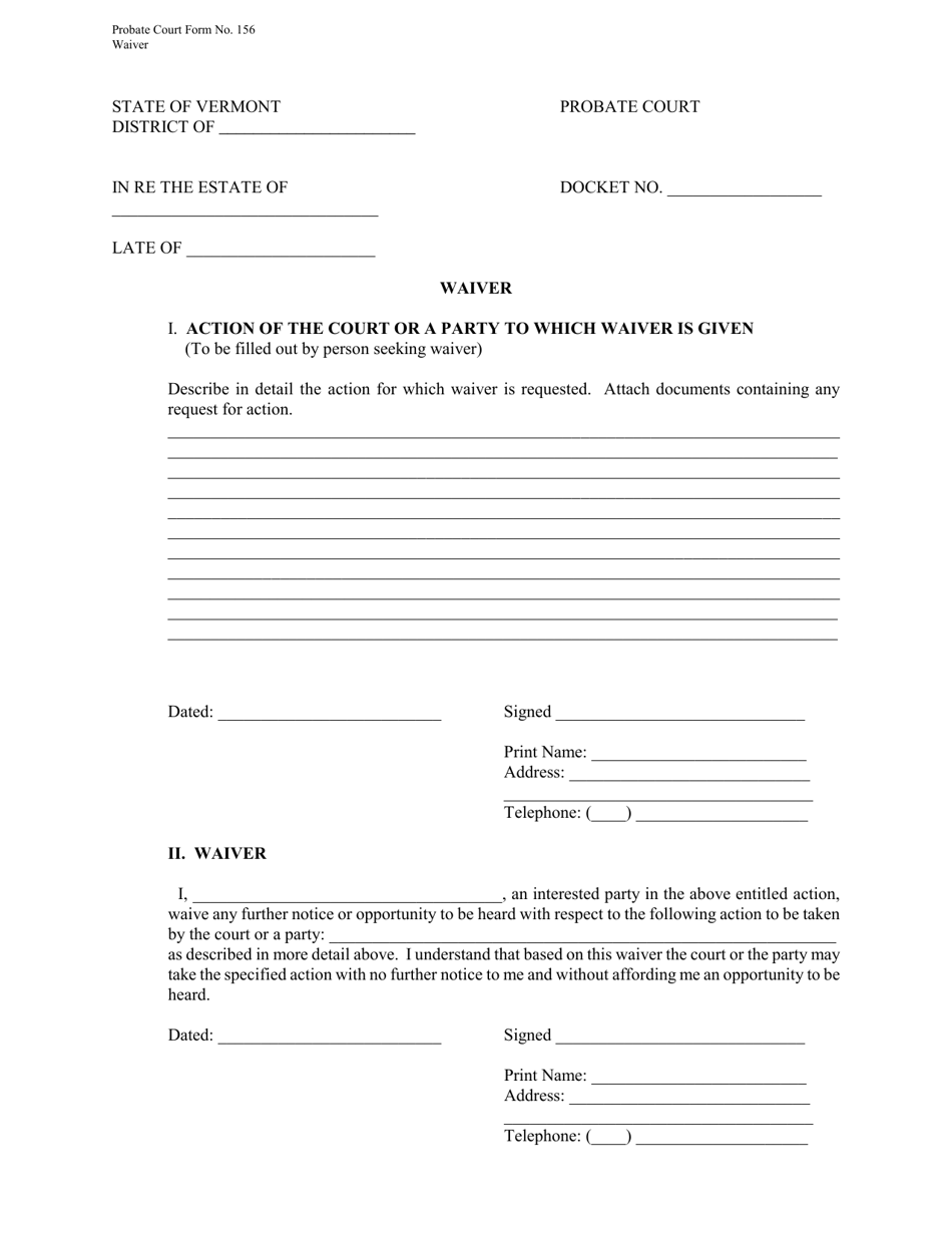 Form PC156 Waiver - Vermont, Page 1