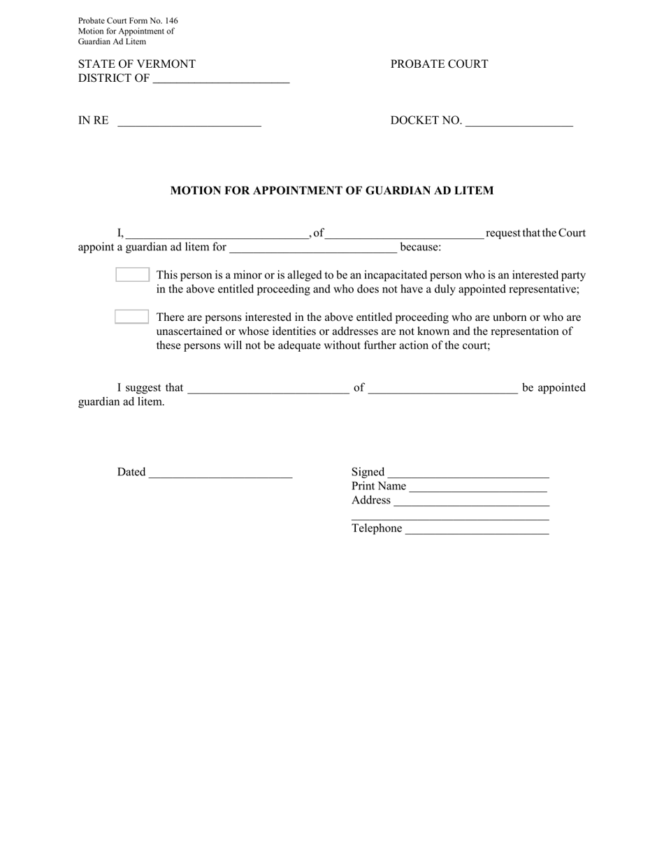 Form PC146 Motion for Appointment of Guardian Ad Litem - Vermont, Page 1