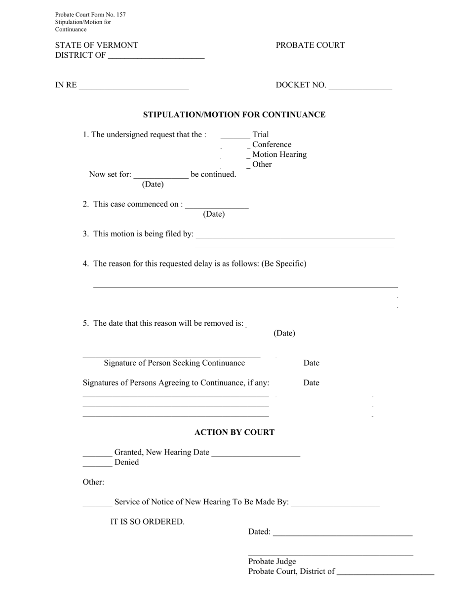 Form PC157 Stipulation / Motion for Continuance - Vermont, Page 1