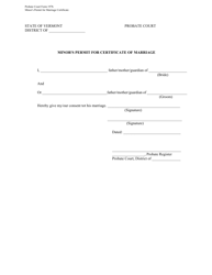 Document preview: Form PC197B Minor's Permit for Certificate of Marriage - Vermont