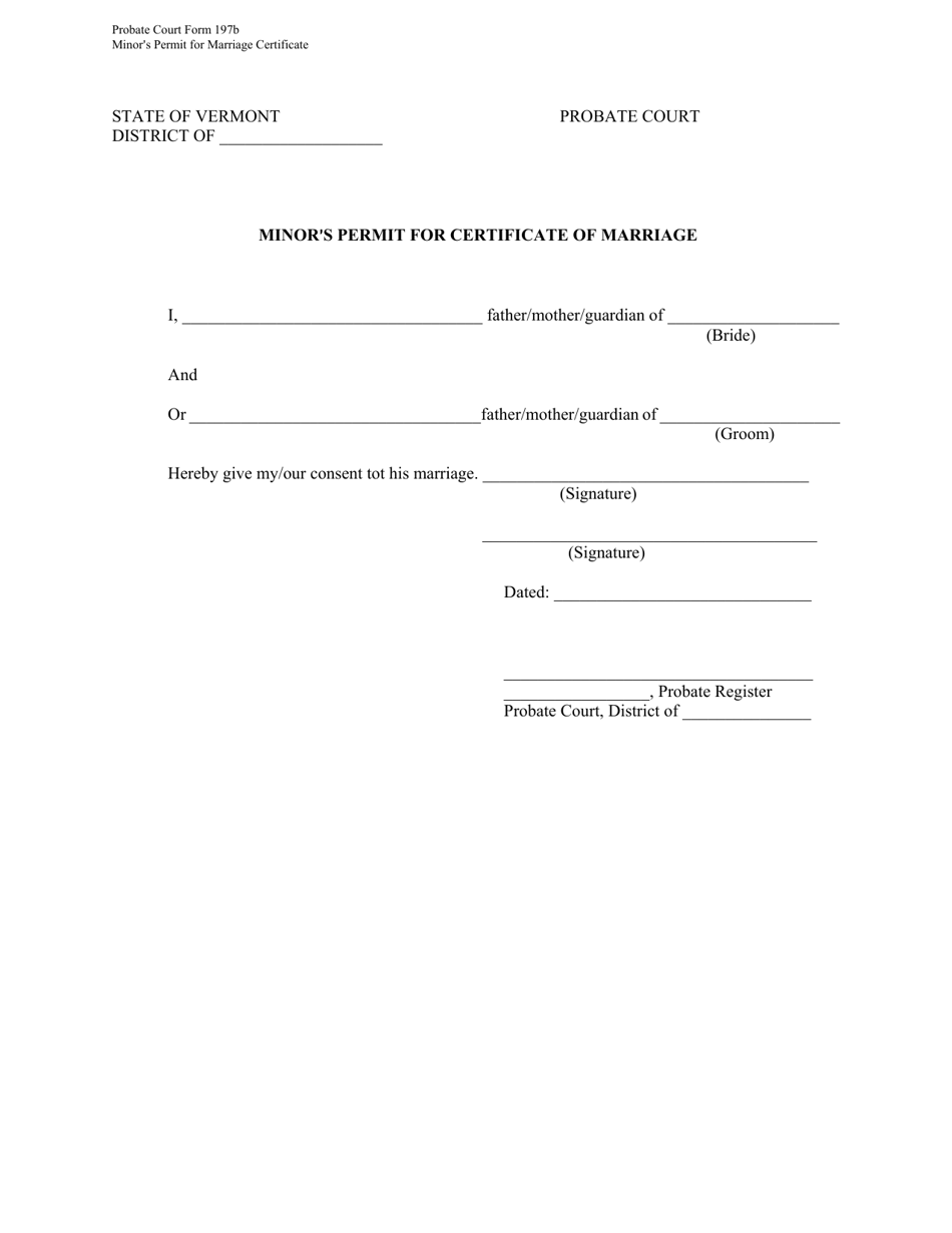 Form PC197B Minors Permit for Certificate of Marriage - Vermont, Page 1