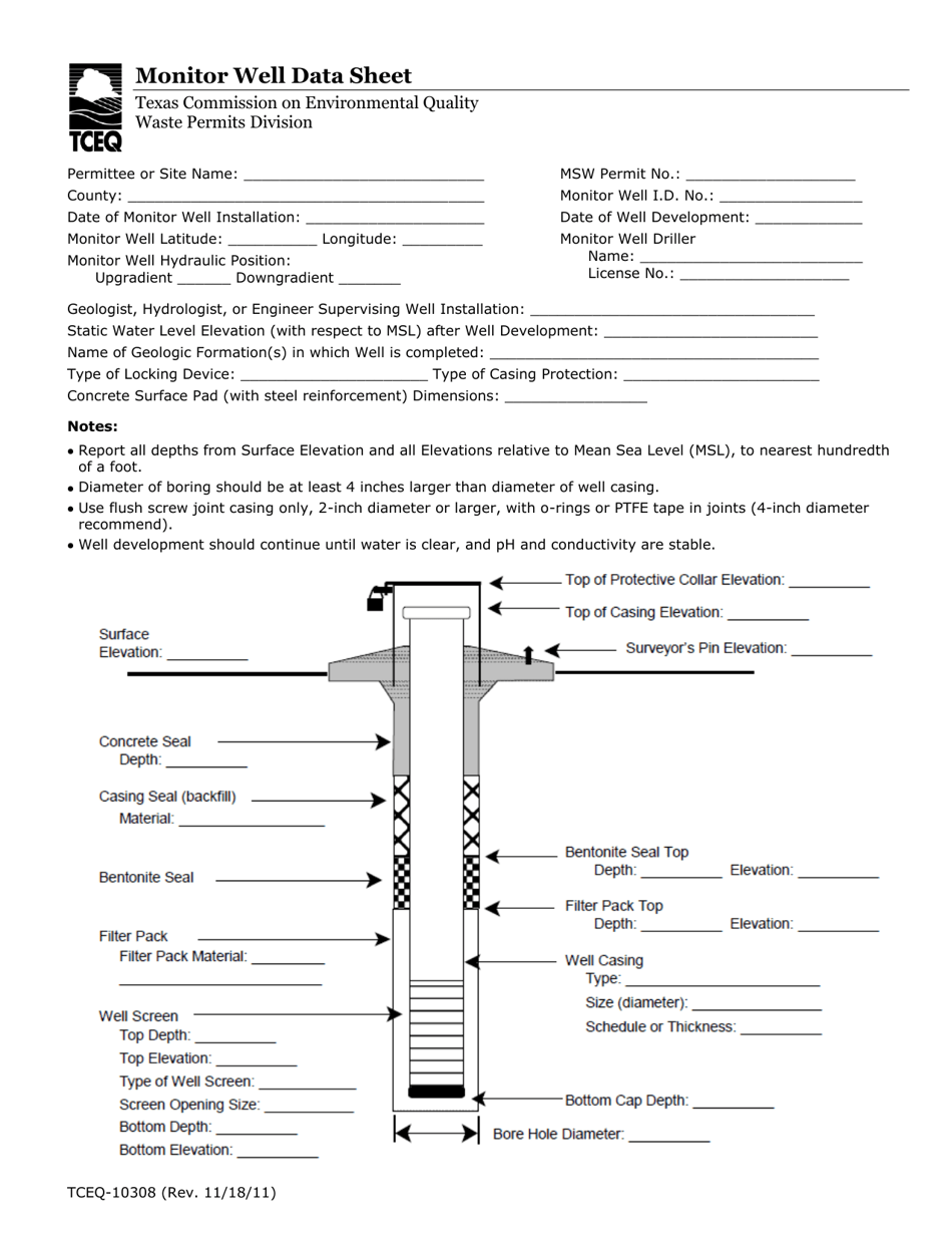Form 10308 Monitor Well Data Sheet - Texas, Page 1
