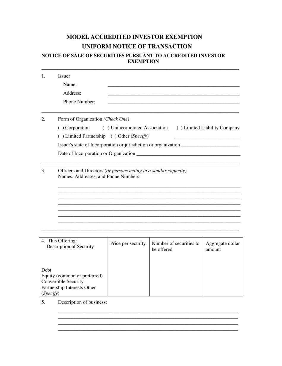 Model Accredited Investor Exemption Uniform Notice of Transaction, Page 1