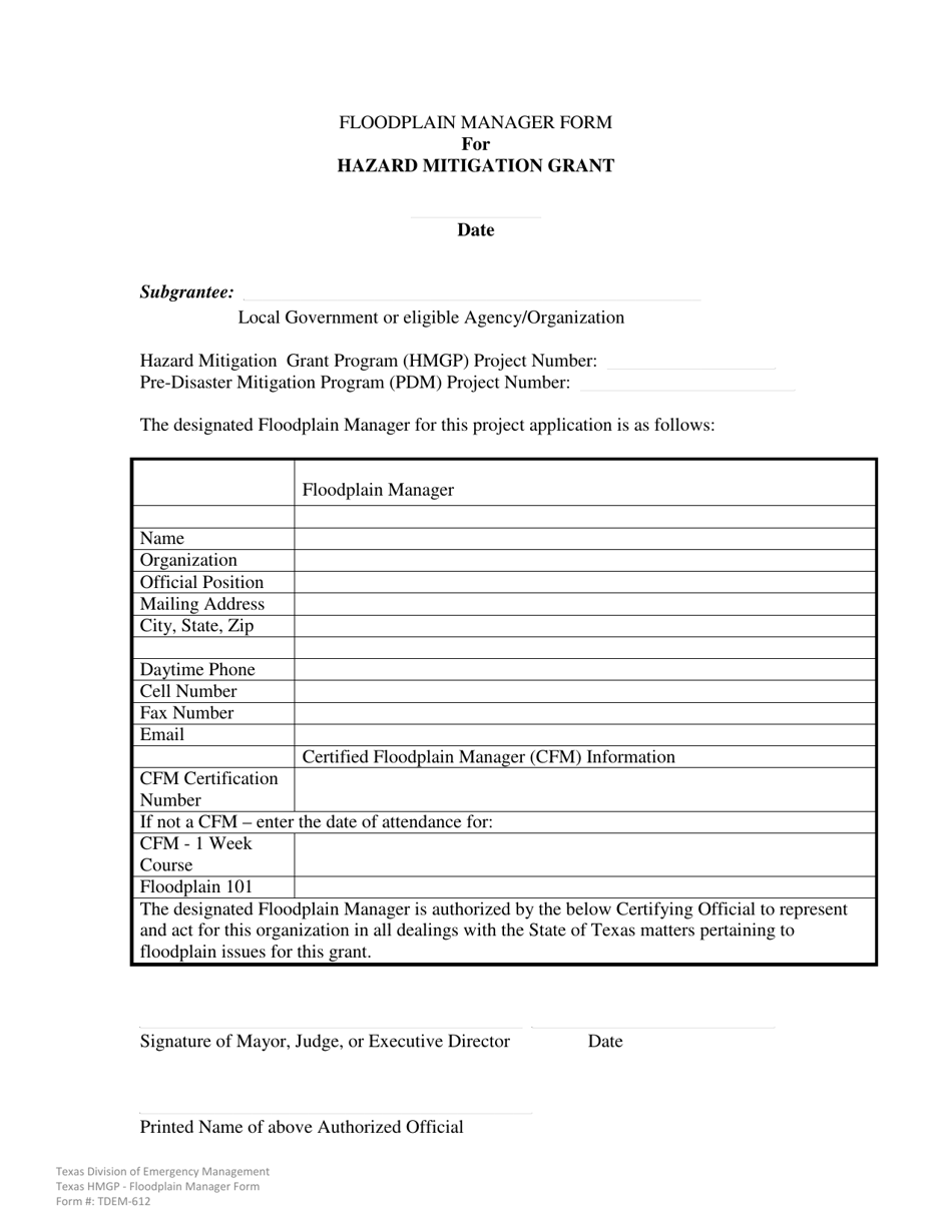 Form TDEM-612 Floodplain Manager Form for Hazard Mitigation Grant - Texas, Page 1