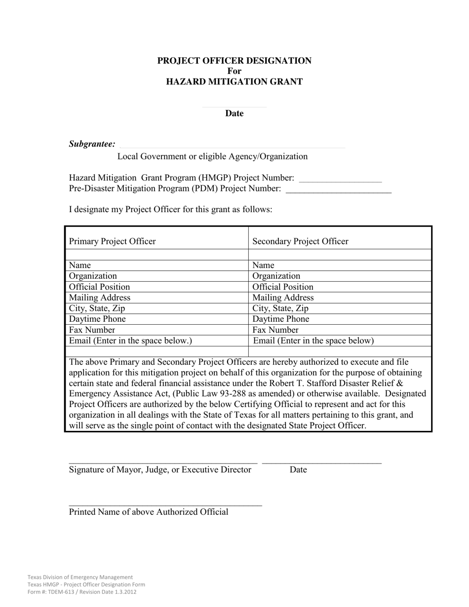 Form TDEM-613 Project Officer Designation for Hazard Mitigation Grant - Texas, Page 1