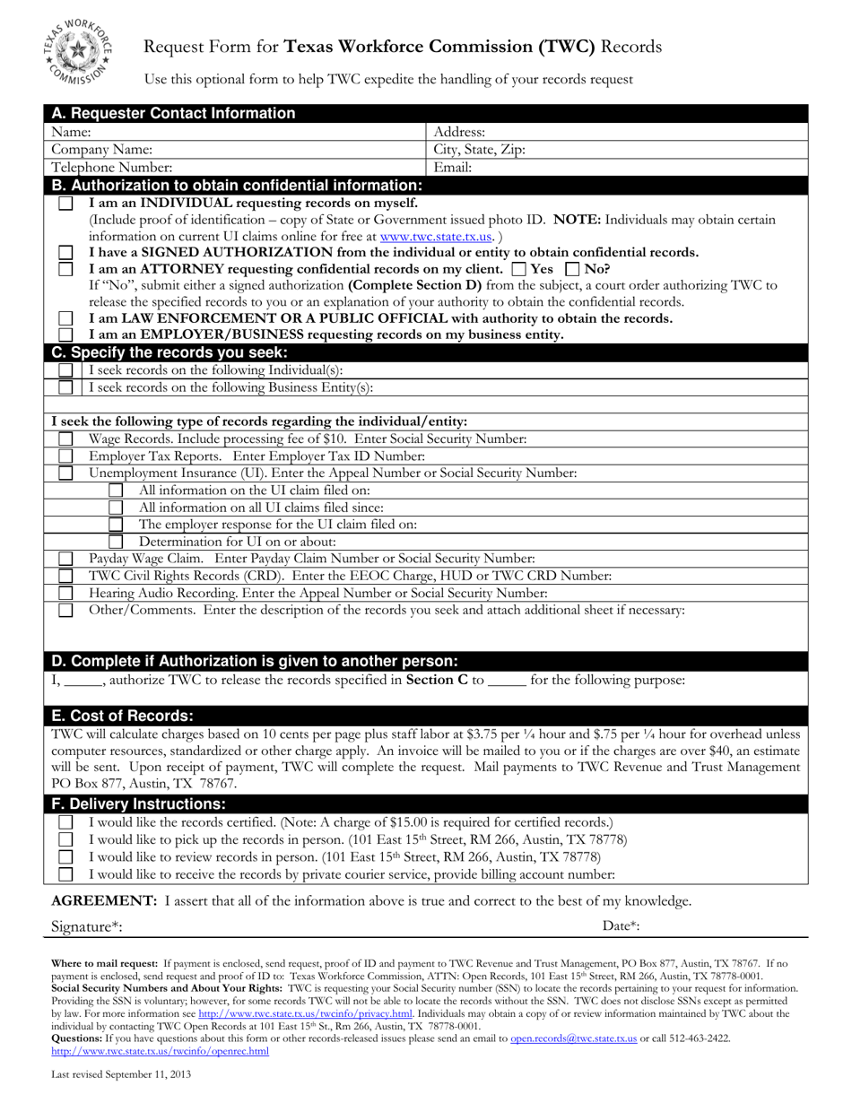 Request Form for Texas Workforce Commission (Twc) Records - Texas, Page 1
