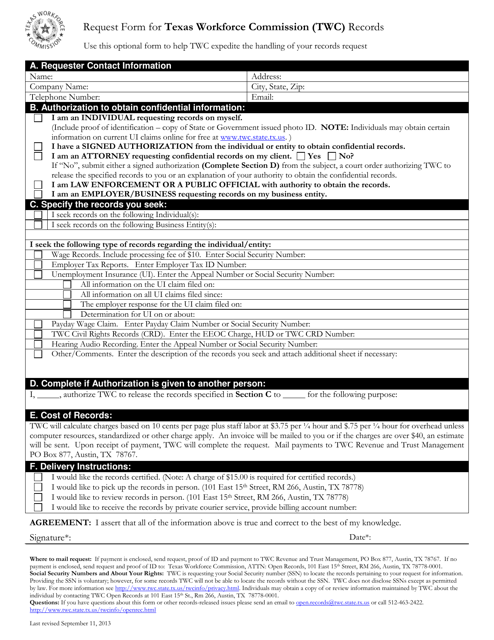 Request Form for Texas Workforce Commission (Twc) Records - Texas