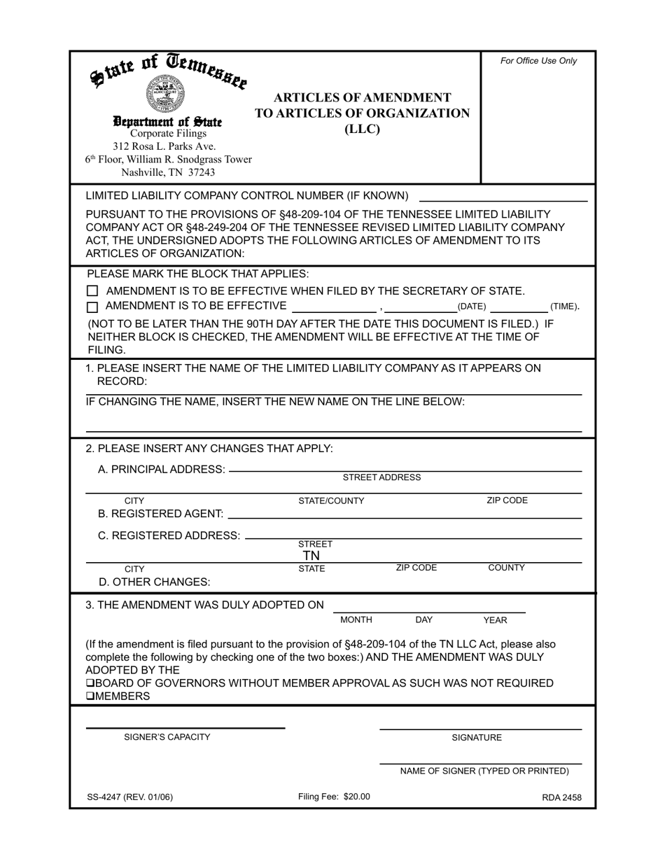 Form SS-4247 Articles of Amendment to Articles of Organization (LLC) - Tennessee, Page 1