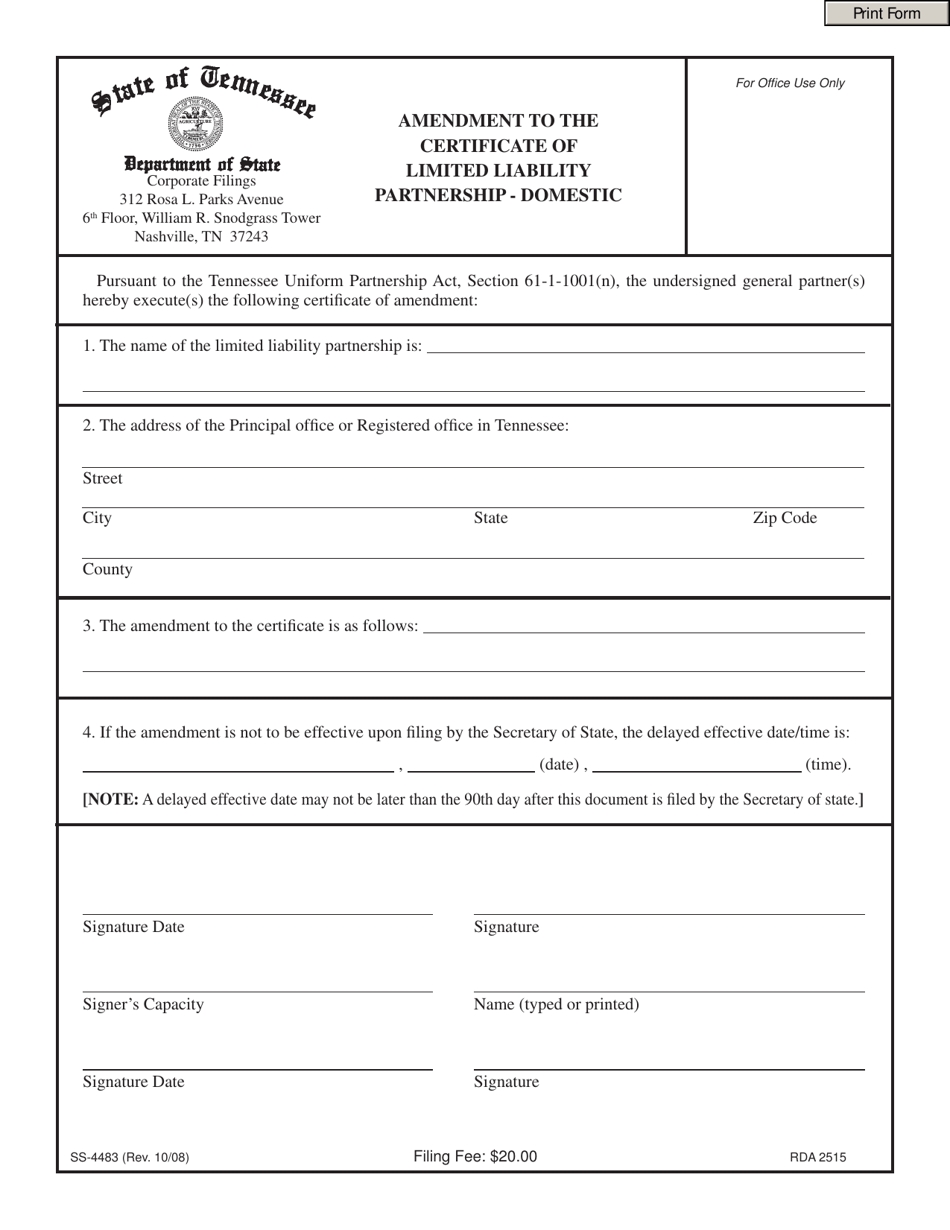 Form SS-4483 Amendment to the Certificate of Limited Liability Partnership - Domestic - Tennessee, Page 1