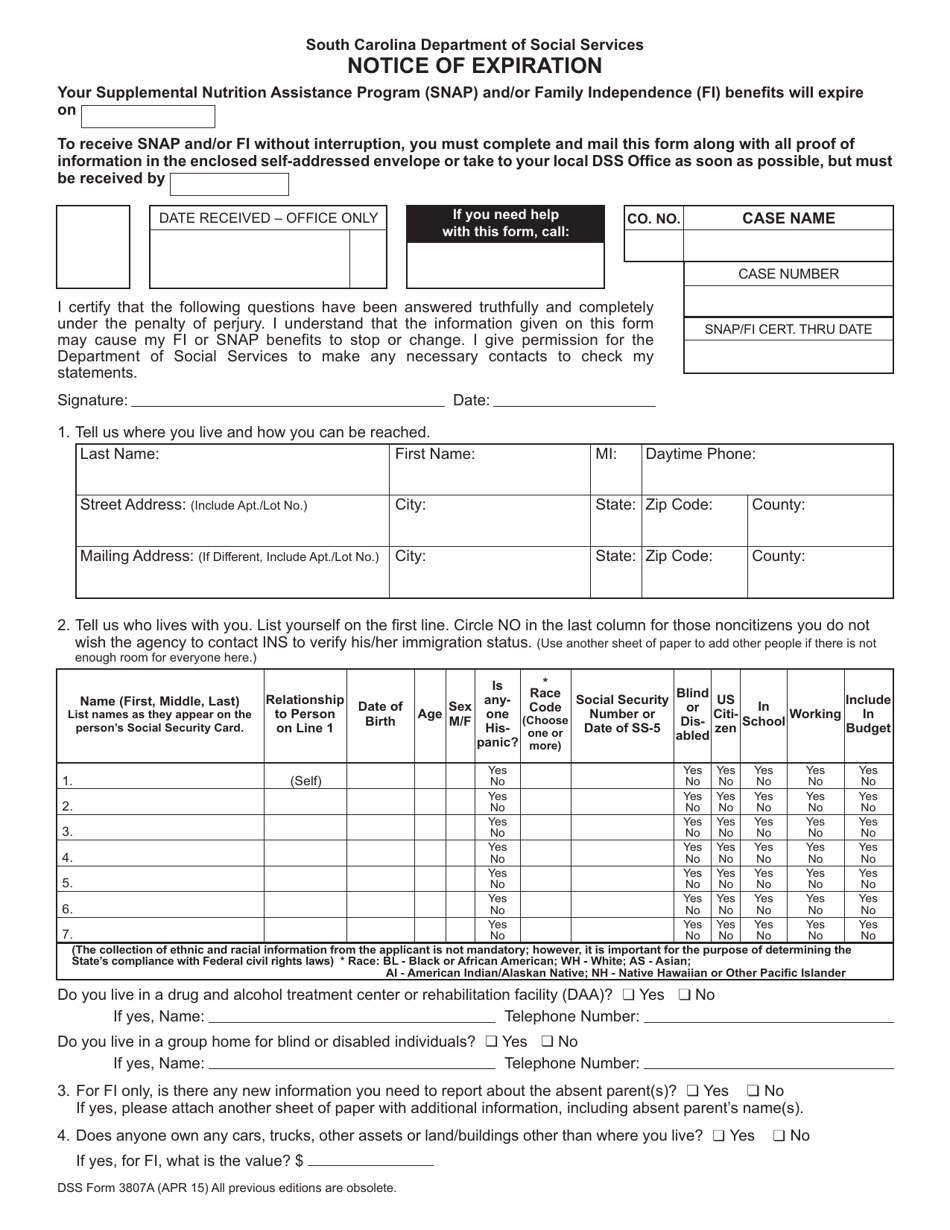 DSS Form 3807A Notice of Expiration - South Carolina, Page 1