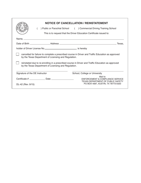 Form DL-42 Notice of Cancellation/Reinstatement - Texas