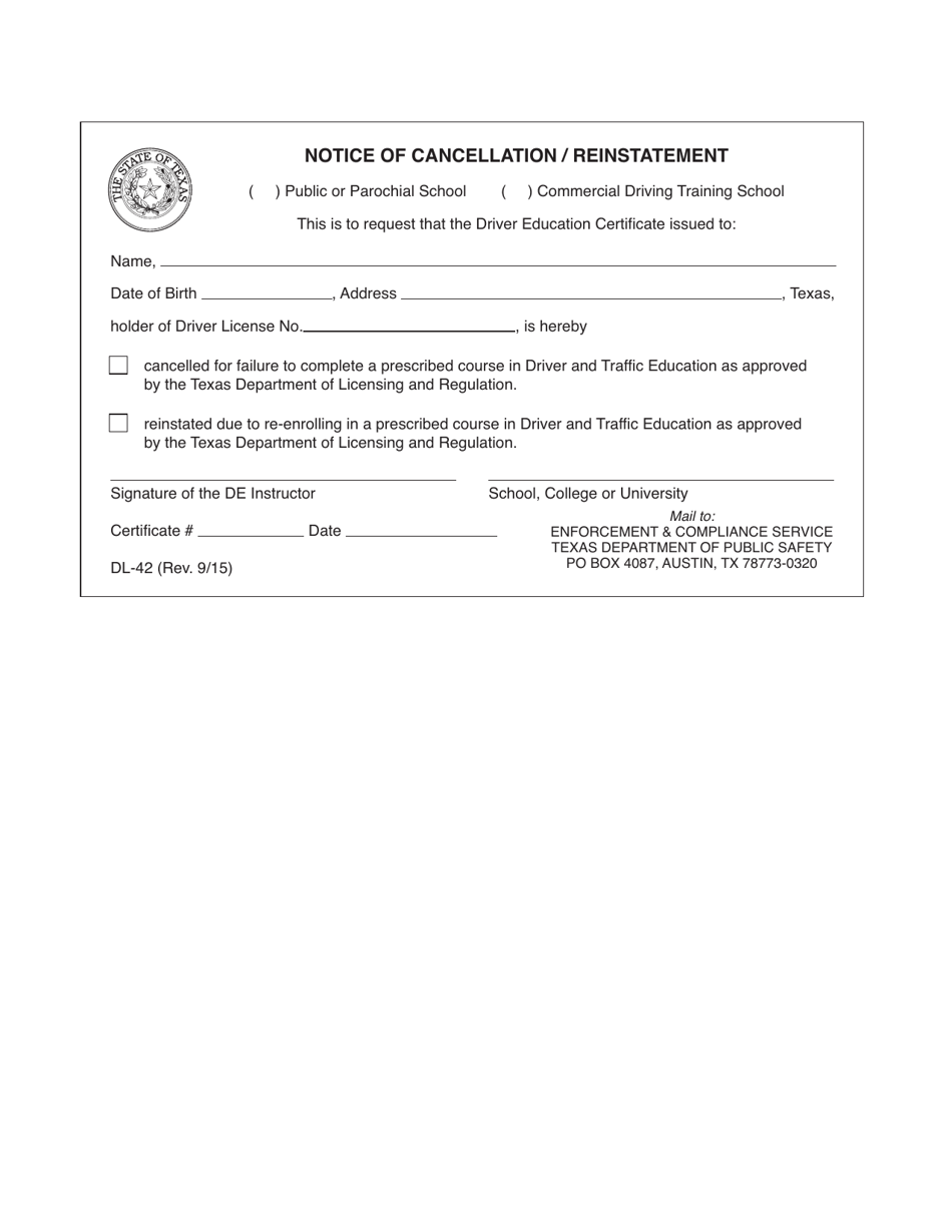 Form DL-42 Notice of Cancellation / Reinstatement - Texas, Page 1