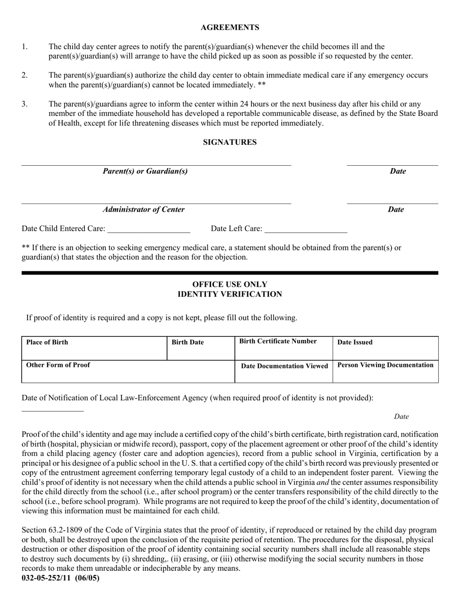Form 032-05-252 / 11 Child Registration Form - Virginia, Page 2