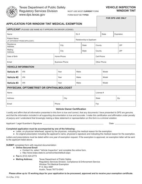 Form VI-4 Application for Window Tint Medical Exemption - Texas
