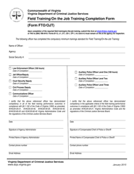 Document preview: Form FTO/OJT Field Training/On the Job Training Completion Form - Virginia