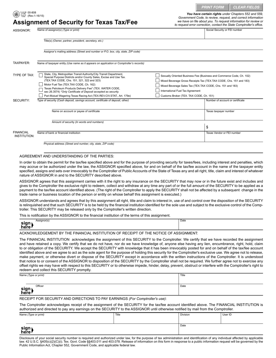 Form 00-808 Assignment of Security for Texas Tax / Fee - Texas, Page 1