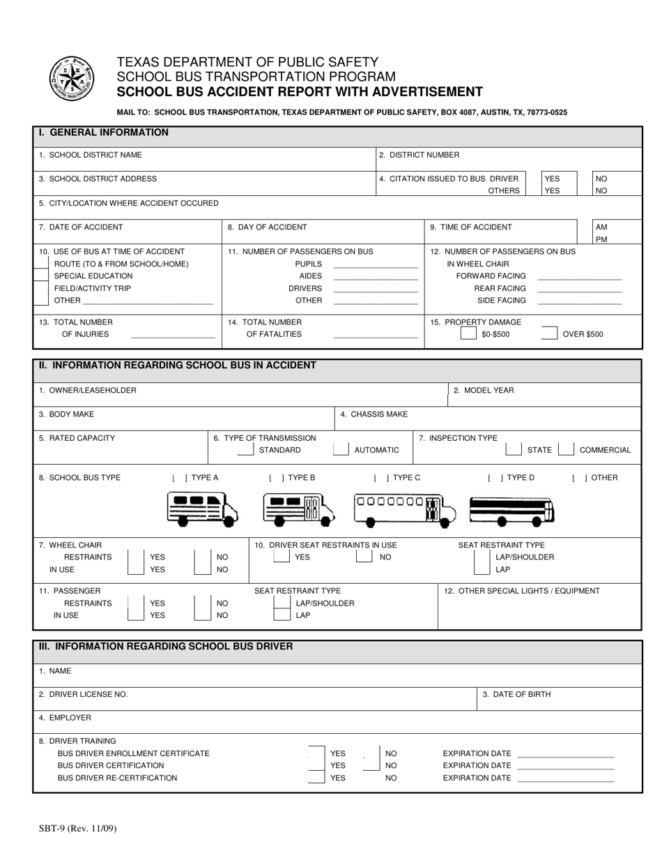 Form SBT-9 School Bus Accident Report With Advertisement - Texas, Page 1