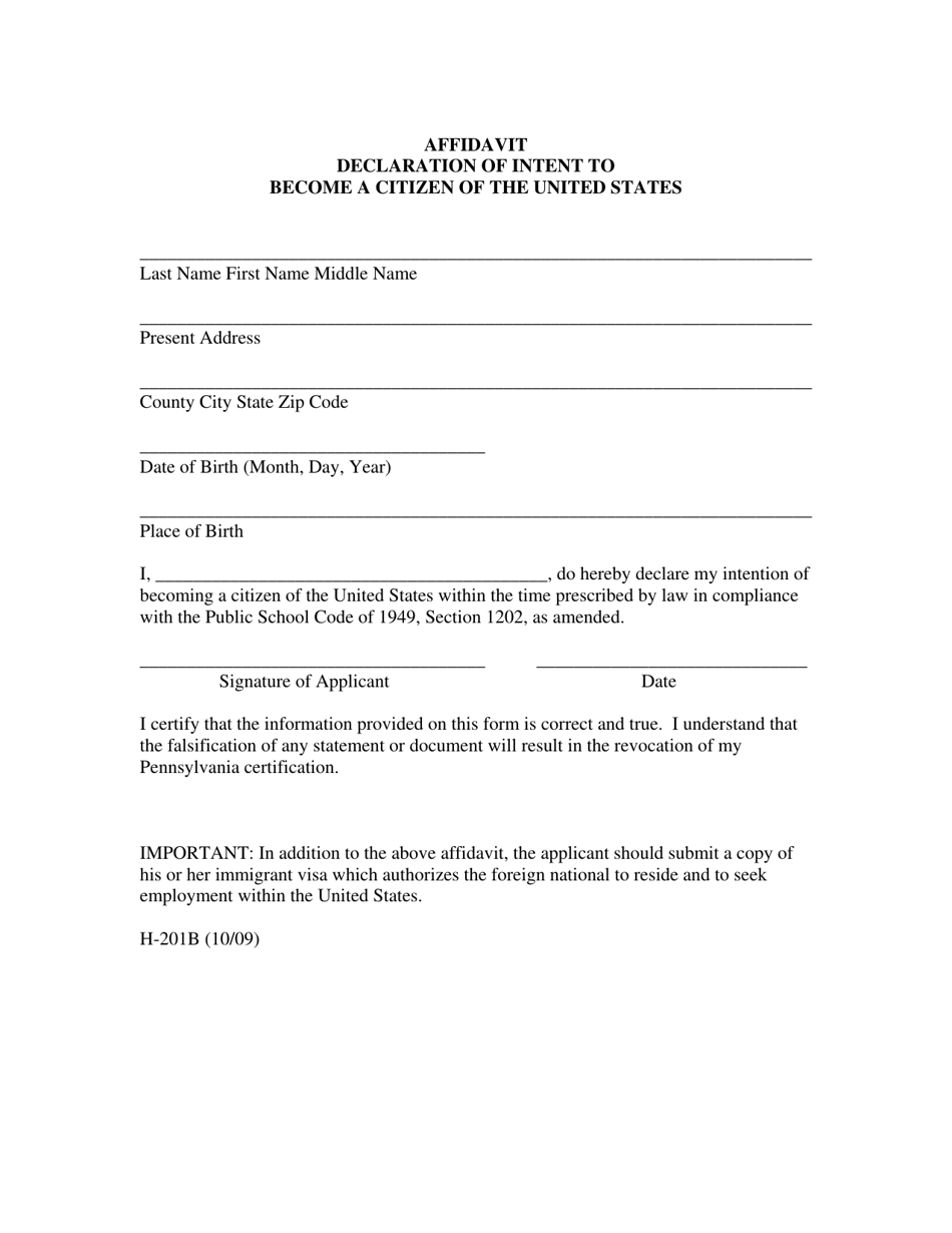 Form H-201B Affidavit Declaration of Intent to Become a Citizen of the United States - Pennsylvania, Page 1