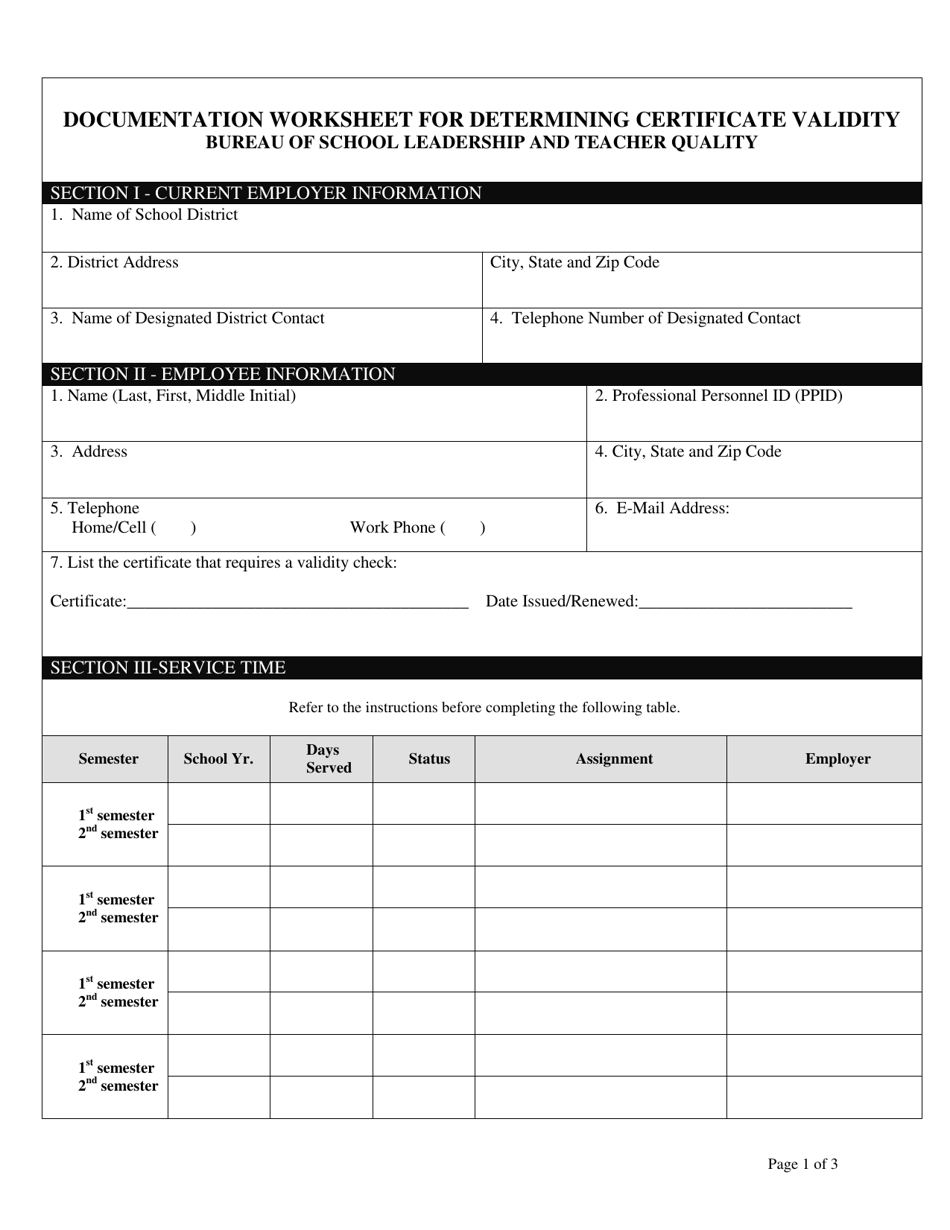 Documentation Worksheet for Determining Certificate Validity - Pennsylvania, Page 1