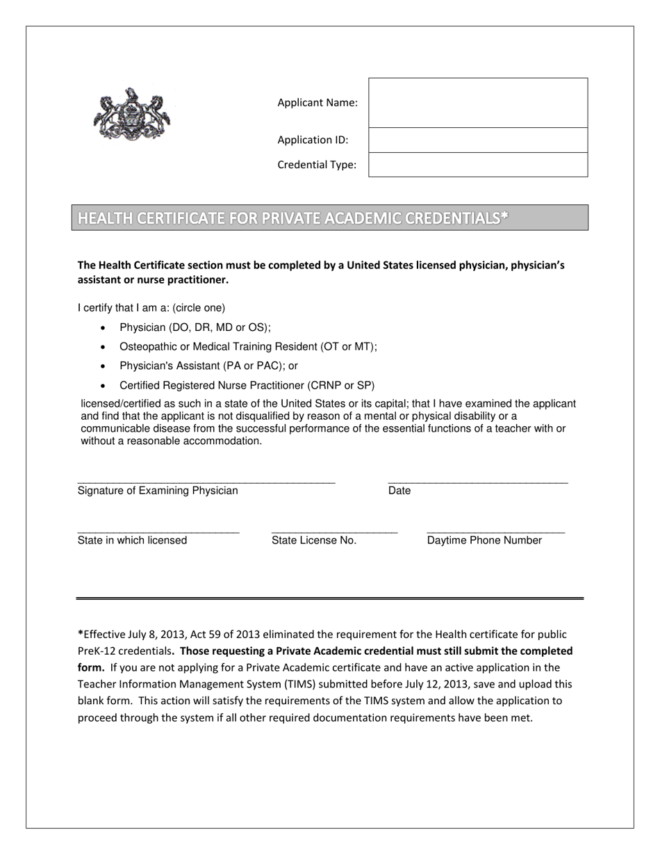 Health Certificate for Private Academic Credentials - Pennsylvania, Page 1