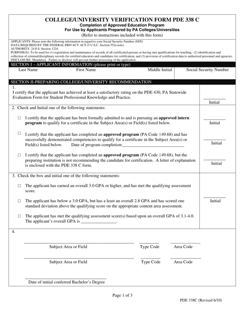 Form PDE338 C College/University Verification Form - Pennsylvania