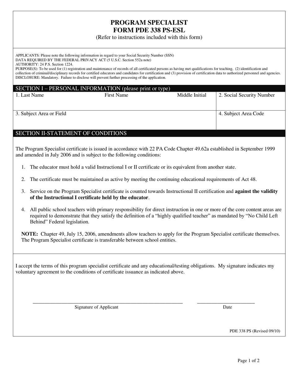 Form PDE338 PS-ESL Program Specialist - Pennsylvania, Page 1