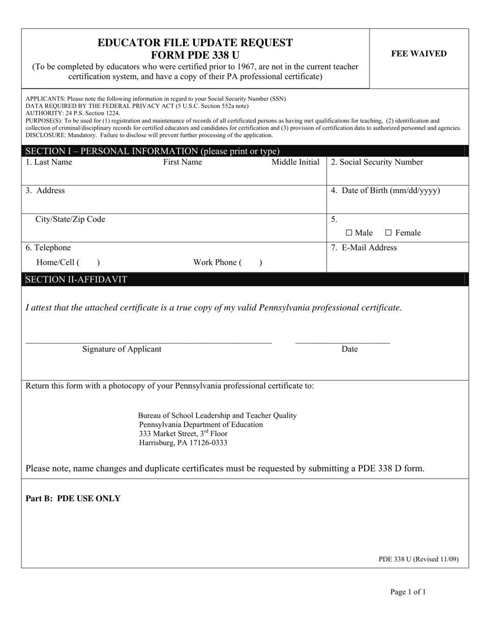 Form PDE338 U Educator File Update Request Form - Pennsylvania, Page 1