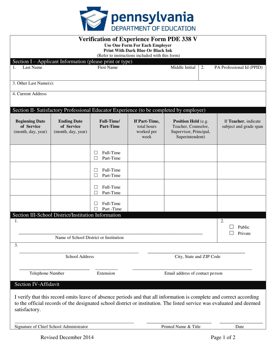 Form PDE338 V Verification of Experience Form - Pennsylvania, Page 1