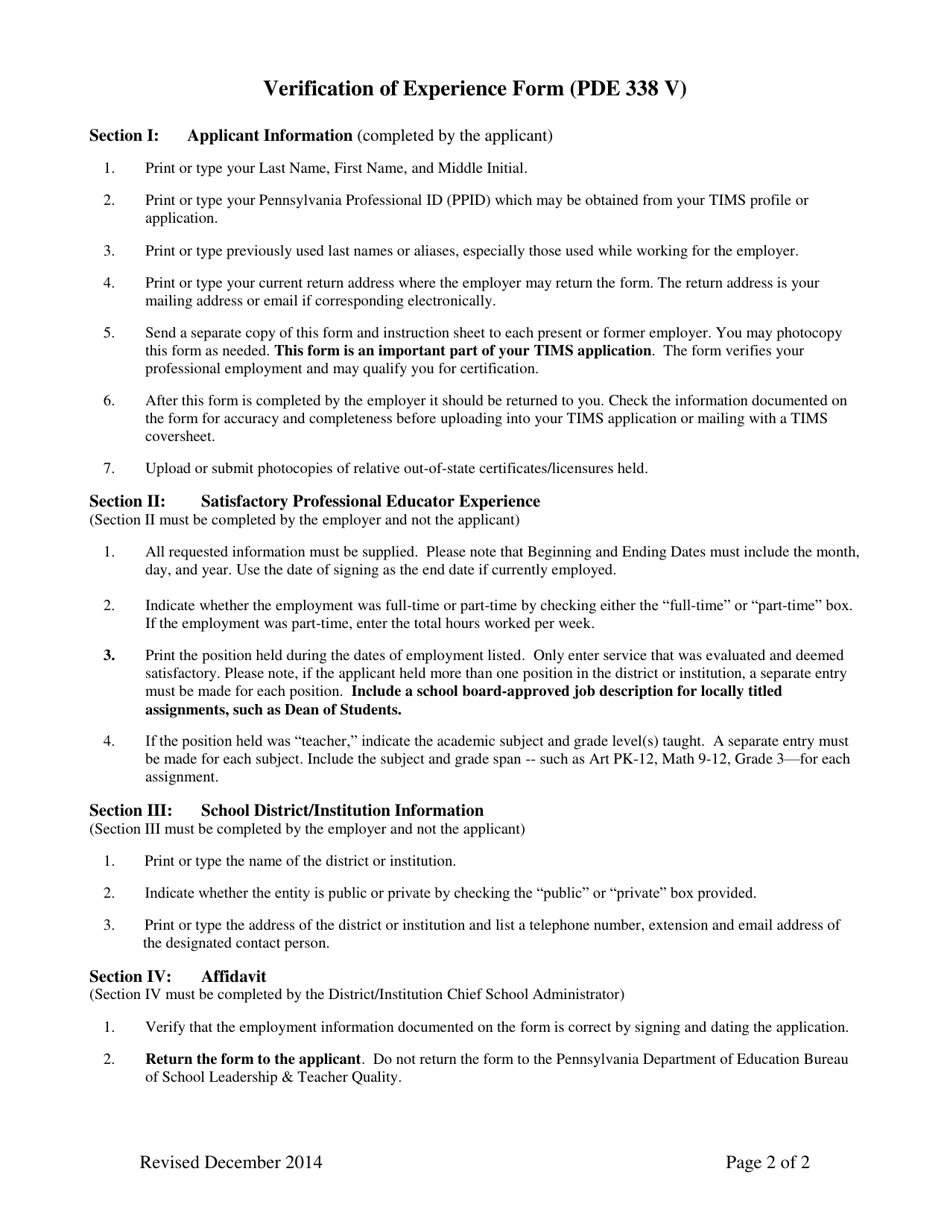Form PDE338 V Verification of Experience Form - Pennsylvania, Page 2