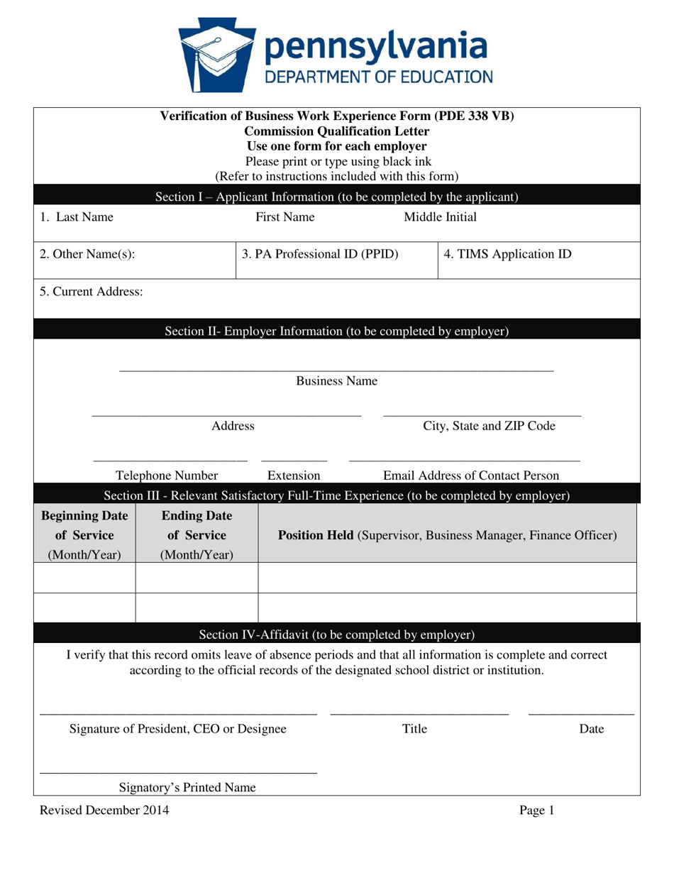 Form PDE338 VB Verification of Business Work Experience Form - Pennsylvania, Page 1