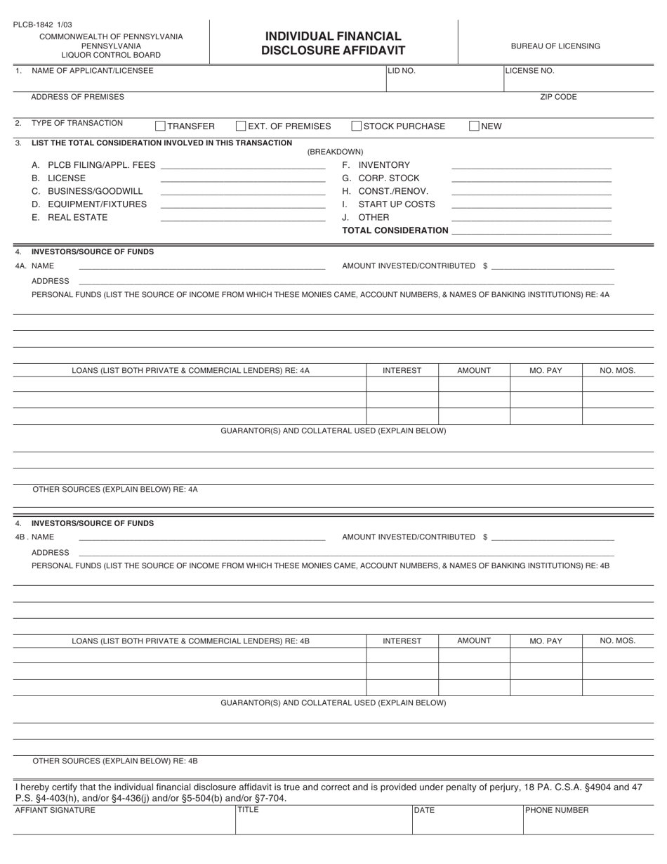 Form PLCB-1842 Individual Financial Disclosure Affidavit - Pennsylvania, Page 1