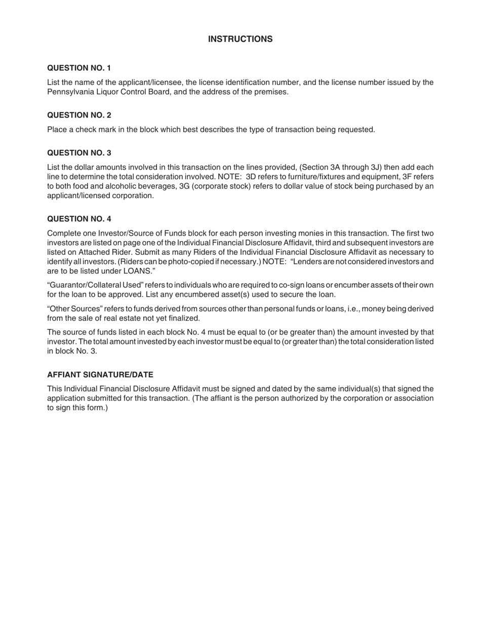 Form PLCB-1842 Individual Financial Disclosure Affidavit - Pennsylvania, Page 2