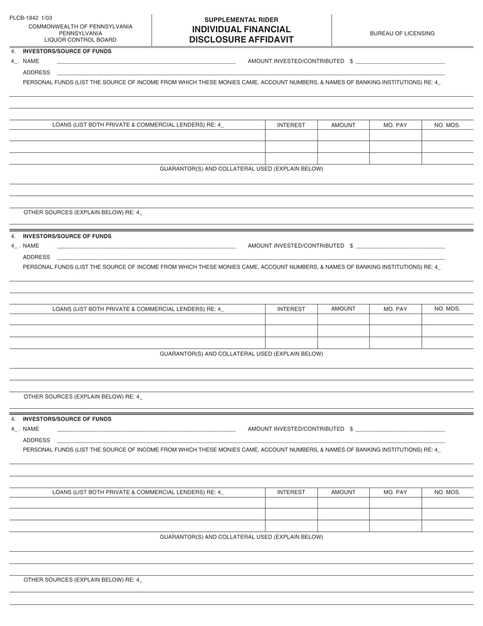 Form PLCB-1842 Individual Financial Disclosure Affidavit - Pennsylvania, Page 3