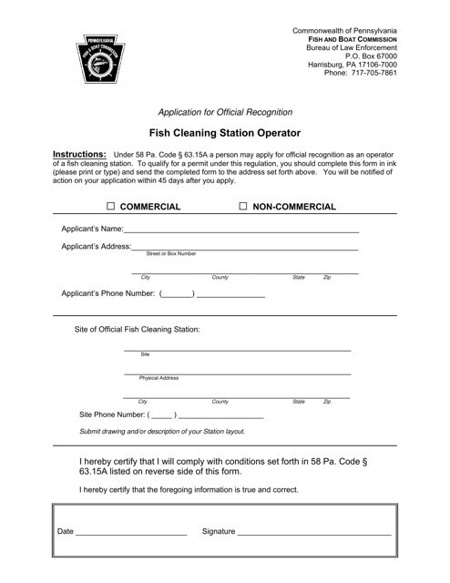 Application for Official Recognition - Fish Cleaning Station Operator - Pennsylvania Download Pdf