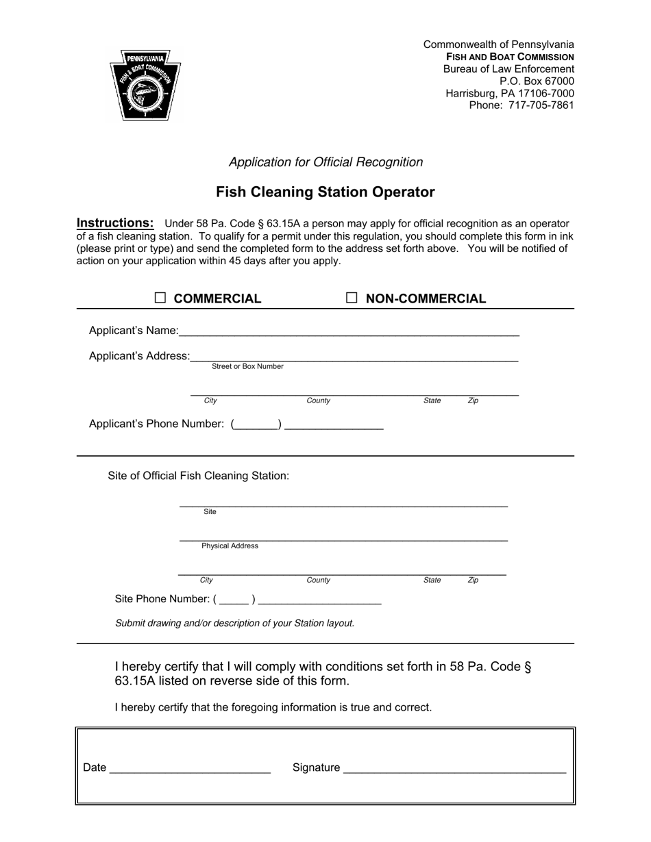 Application for Official Recognition - Fish Cleaning Station Operator - Pennsylvania, Page 1