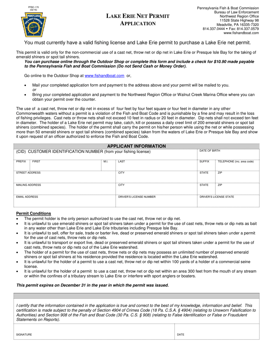 Form PFBC-170 Lake Erie Net Permit Application - Pennsylvania, Page 1