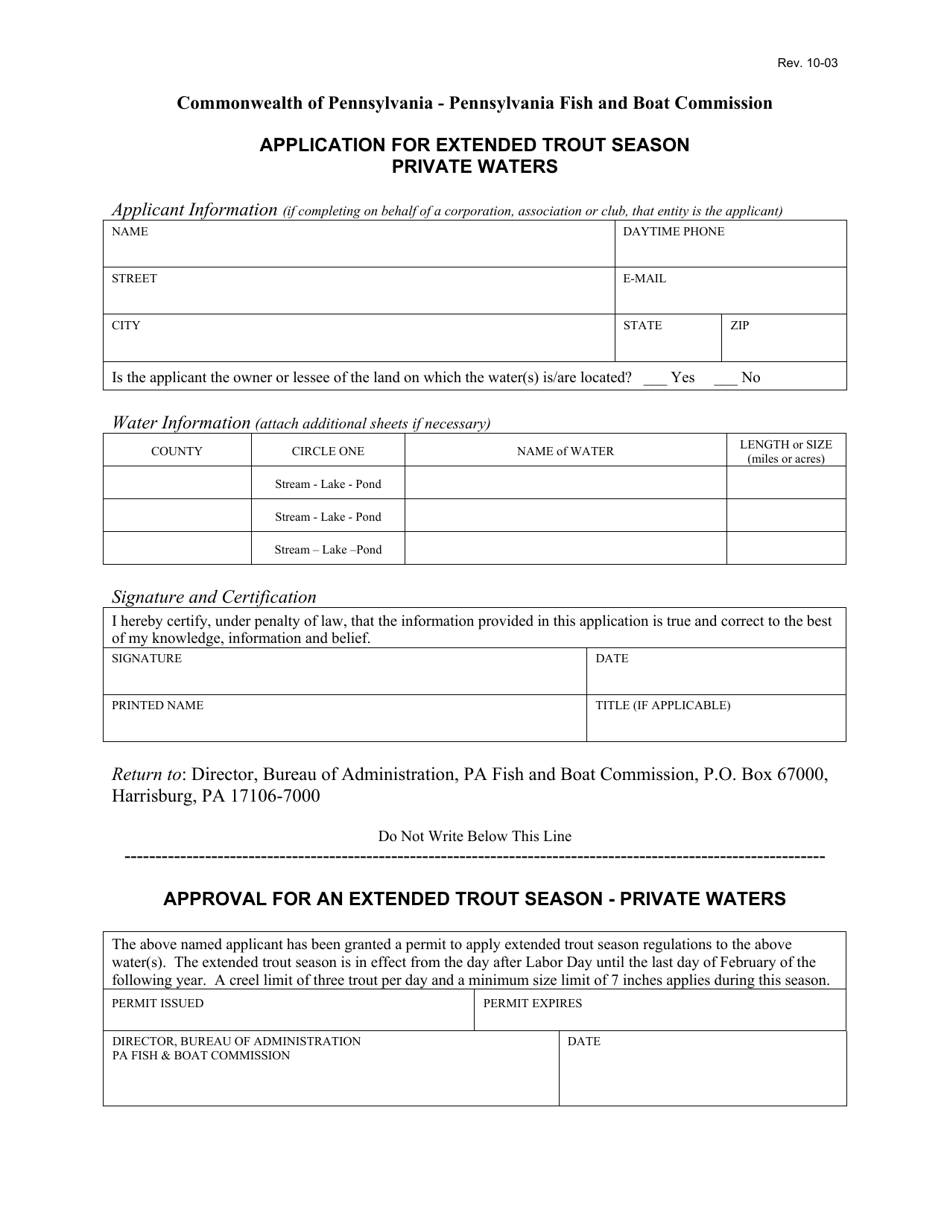 Application for Extended Trout Season Private Waters - Pennsylvania, Page 1