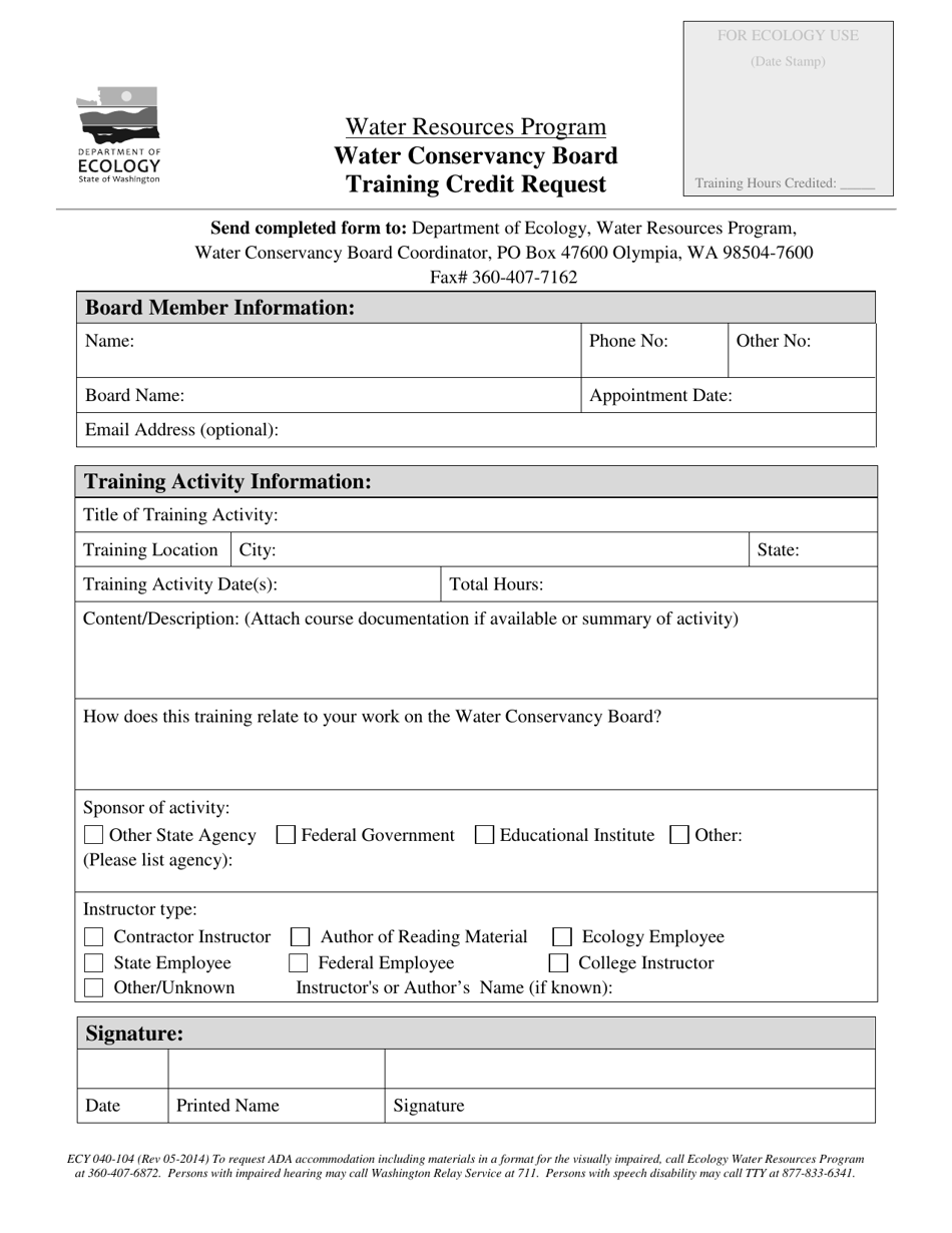 Form ECY040-104 Water Conservancy Board Training Credit Request - Washington, Page 1
