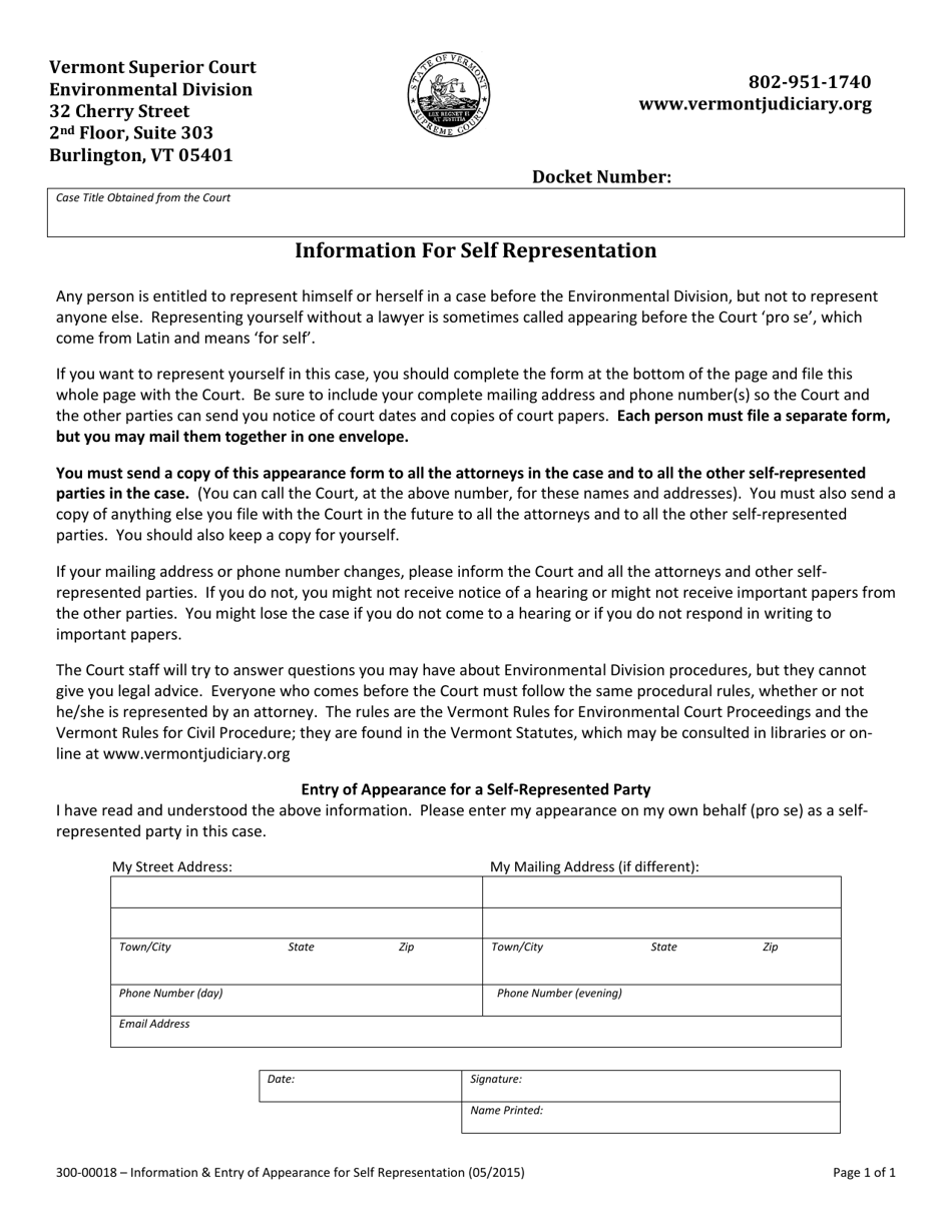 Form 300-00018 Information for Self Representation - Vermont, Page 1