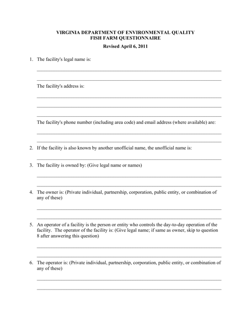 Fish Farm Questionnaire Form - Virginia Download Pdf
