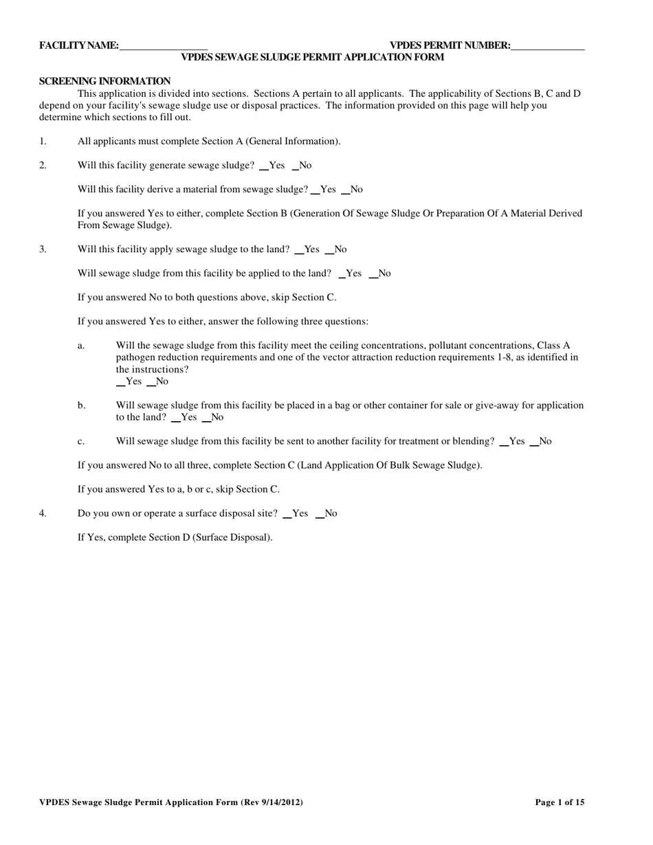Vpdes Sewage Sludge Permit Application Form - Virginia, Page 1