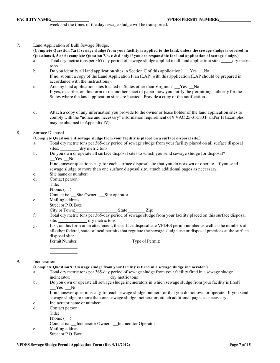 Vpdes Sewage Sludge Permit Application Form - Virginia, Page 7