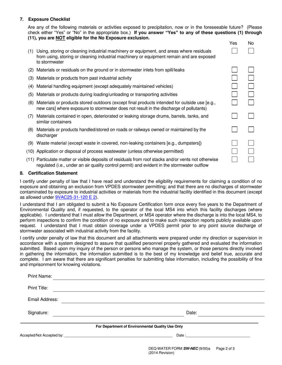 DEQ-WATER Form SW-NEC Virginia DEQ No Exposure Certification for Exclusion From Vpdes Industrial Activity Stormwater Permitting - Virginia, Page 2