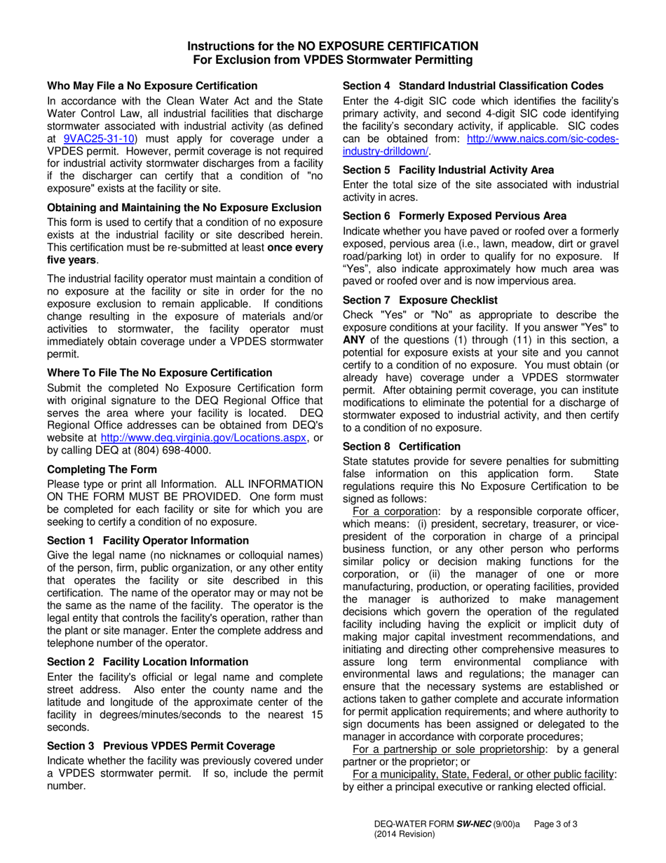 DEQ-WATER Form SW-NEC Virginia DEQ No Exposure Certification for Exclusion From Vpdes Industrial Activity Stormwater Permitting - Virginia, Page 3